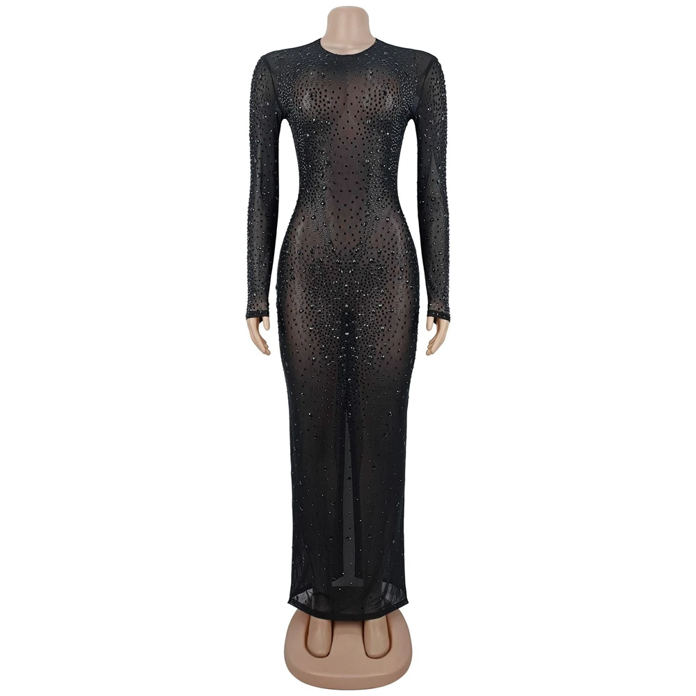 Maternity Photography Dress Black Rhinestone Sheer Mesh Long Sleeve Slim Gown Pregnant Photo Shoot Outfit Baby Bump view 3