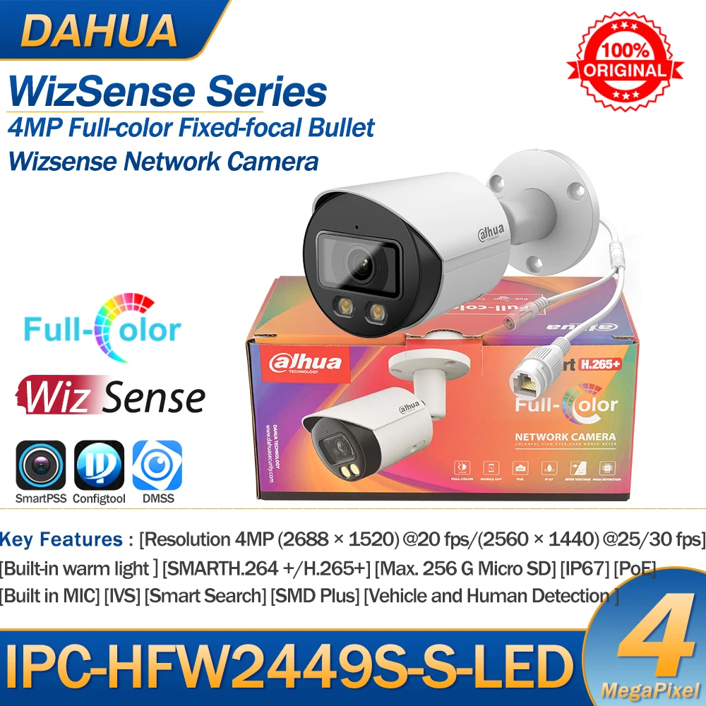 Dahua IP Camera 4MP Full-color POE Camera IPC-HFW2449S-S-LED Bullet Built-in Mic SD Card Slot WizSense Video Surveillance IP67