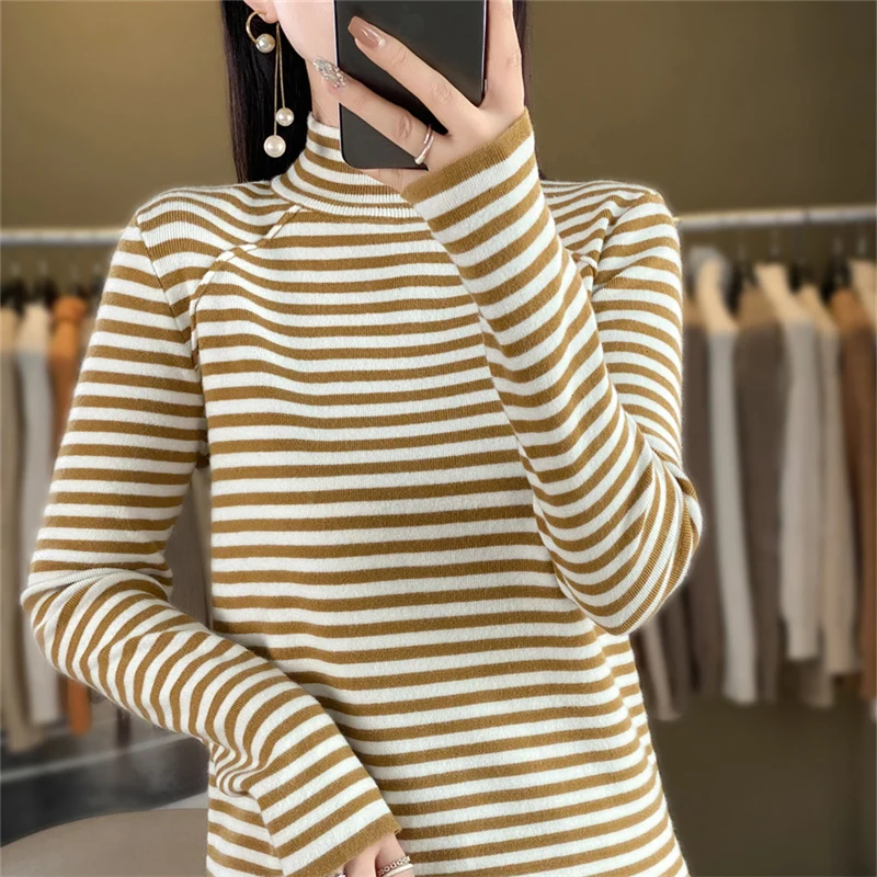 Women's boutique semi high neck sweater autumn and winter knitted cashmere sweater Women's color matching pullover long sleeved