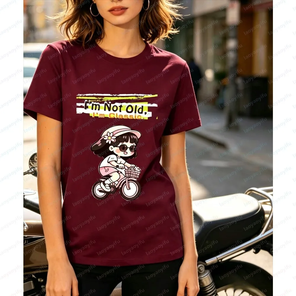 Women Summer Short Sleeve Fashion T-Shirt I m Not Old I m Classic Cute Cartoon Girl Bicycle Graphic Casual streetwear Clothing