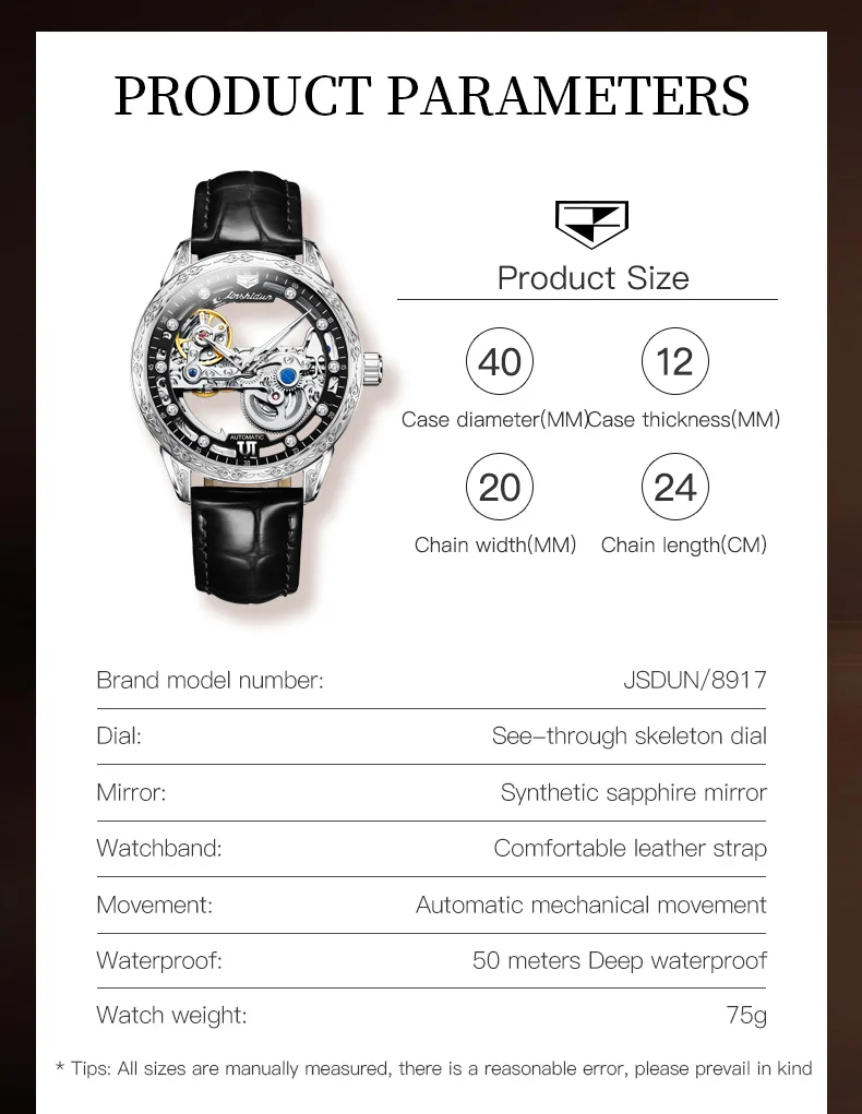 JSDUN New High Quality Men\'s Watches Original Skeleton Automatic Mechanical Wrist Watch Men Casual Fashion Leather Watch for Men