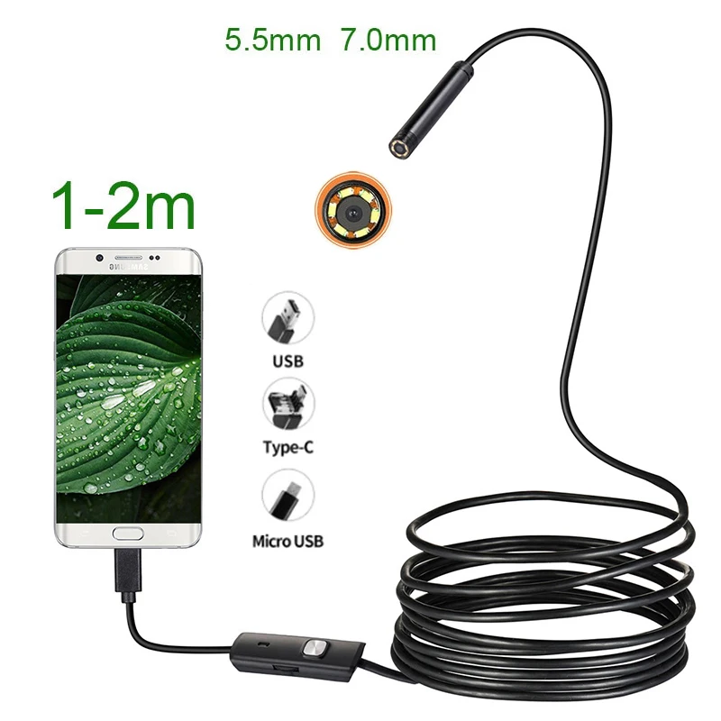 5.0mm 7.0mm USB Type-C Endoscope Camera Android PC 1/2m Flexible Snake Inspection Scope Borescope Camera with 6LEDs Adjustable