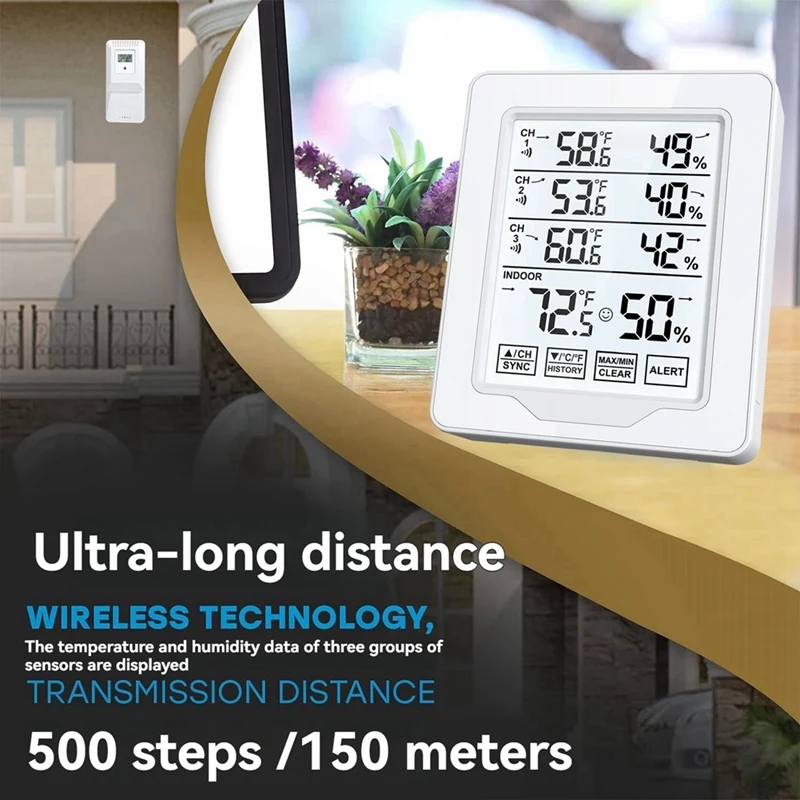 Digital Thermometer And Hygrometer Indoor Humidity With 3 Sensor Screen Display White Backlit Large Screen Recorder