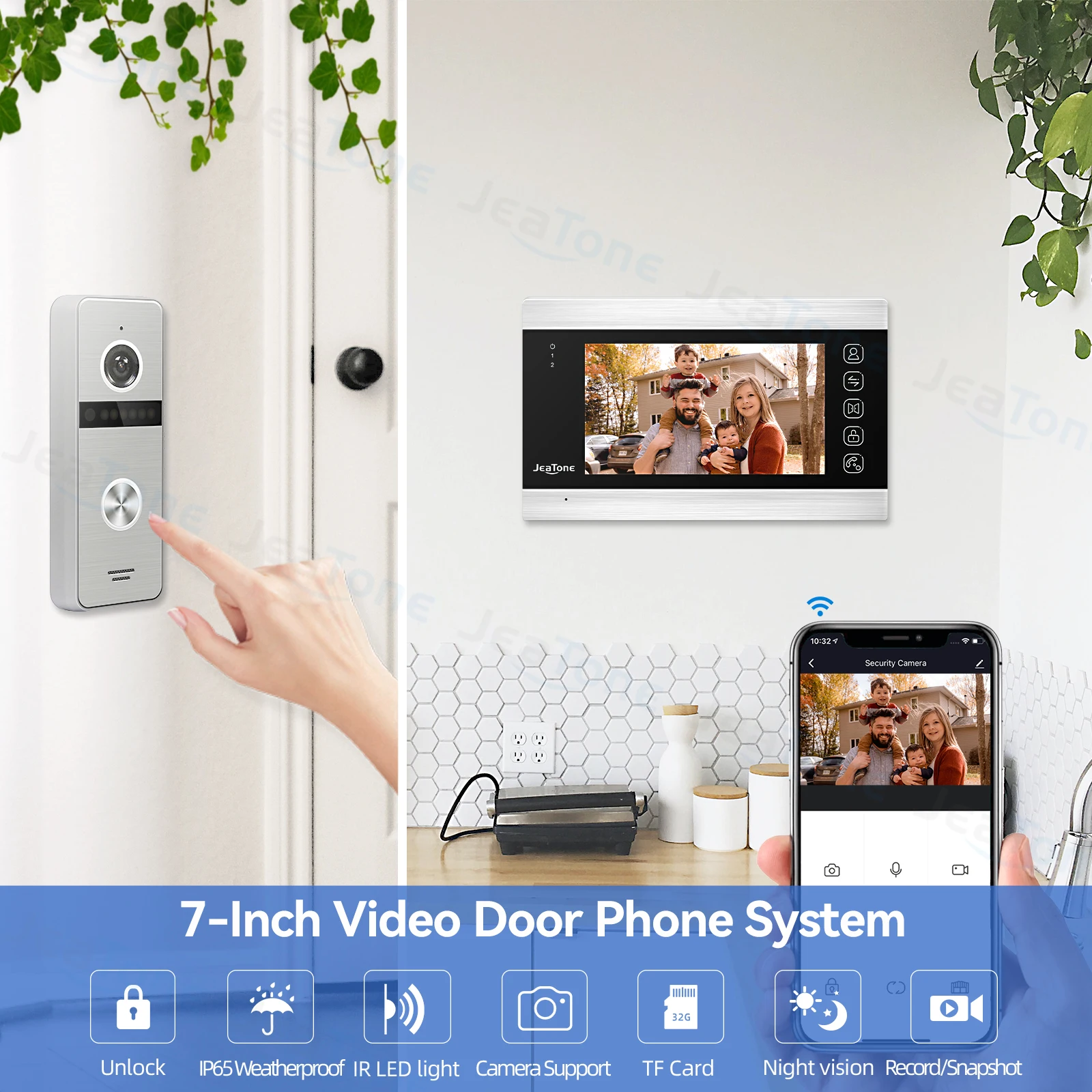 JeaTone 7Inch Color Screen Wireless WiFi Smart Tuya Video Intercom 1080P Home Private Residence Doorbell Phone Outdoor Camera