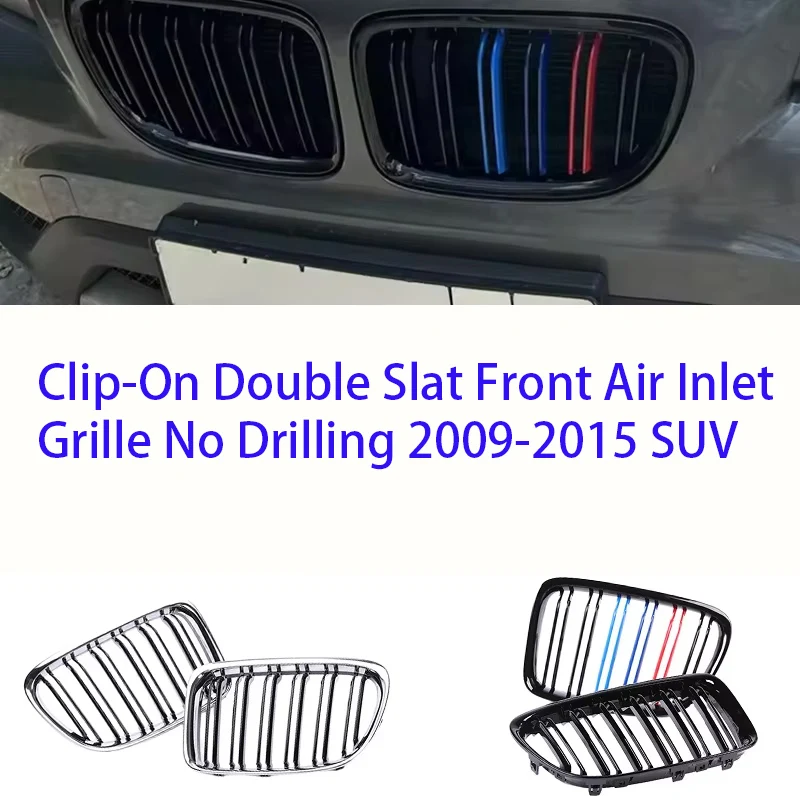 Pair Front Bumper Grille Full Black Frame With Color Accent Strip Replacement For Compact SUV 2009-2015 Snap On Installation