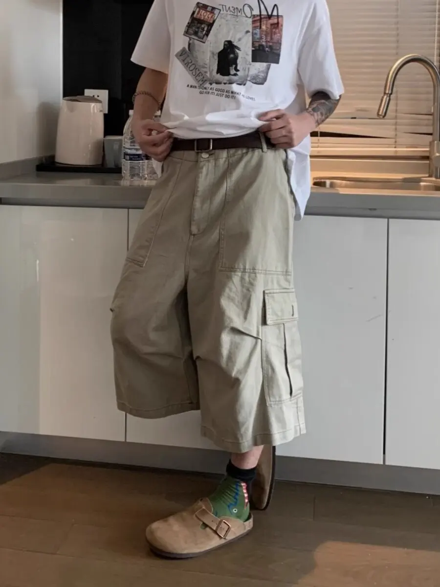 

American Retro Multi-Pocket Workwear Shorts Loose Wide Leg Pants Unisex Summer High Street Fashion Brand Seven-Foot Pants