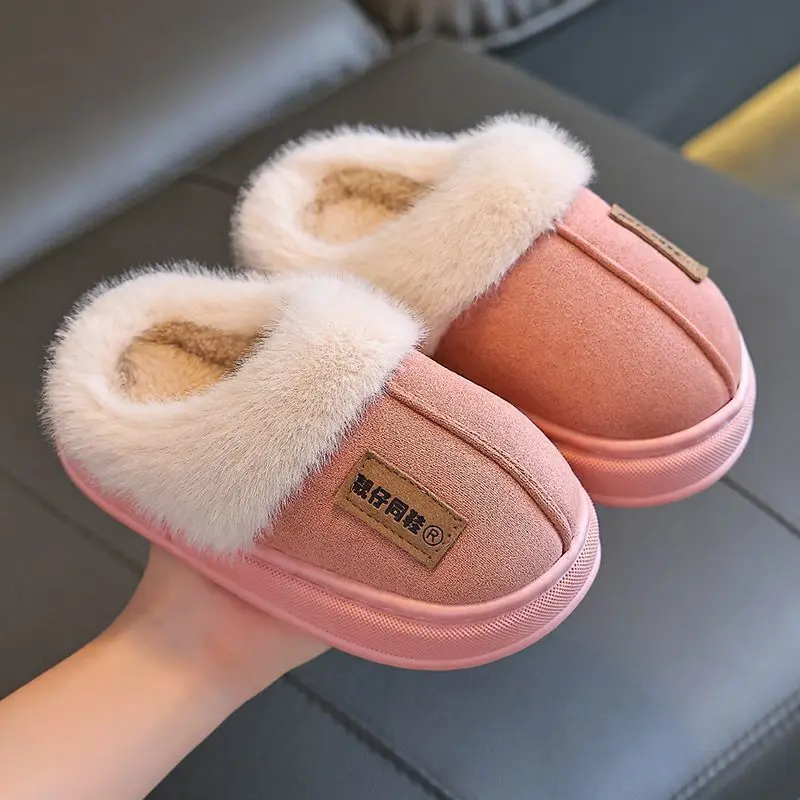 Solid Furry Children Slippers Winter PU Warm Plush Indoor Slippers For Kids Soft Bottom Boys Girls Floor Shoes