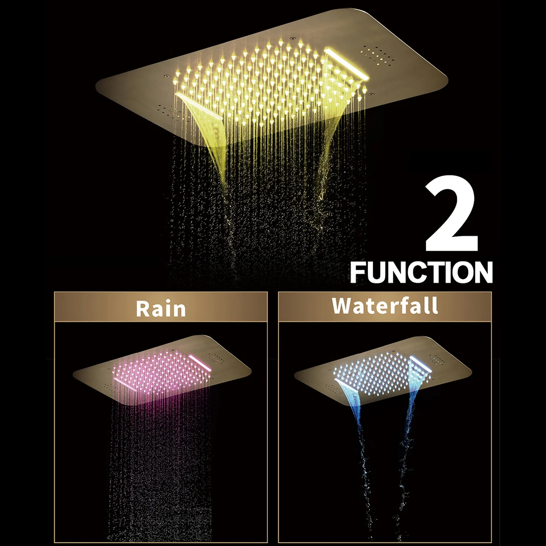Brushed Gold Thermostatic Brass Shower System Digital Display Ceiling Embedded Rainfall Bathroom Shower Set Body Jet Shower