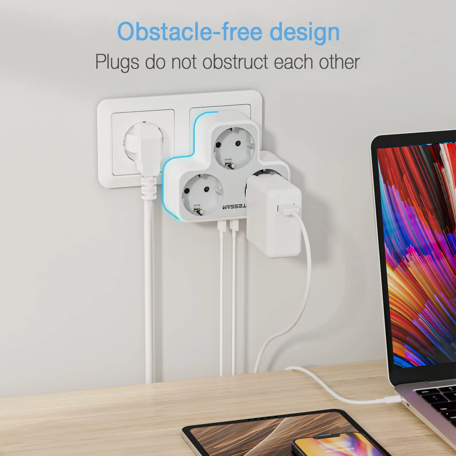 TESSAN Tomada de parede múltipla com 3 tomadas CA 3 portas USB Adaptador USB 6 em 1 com proteção contra sobrecarga para smartphone tablet casa