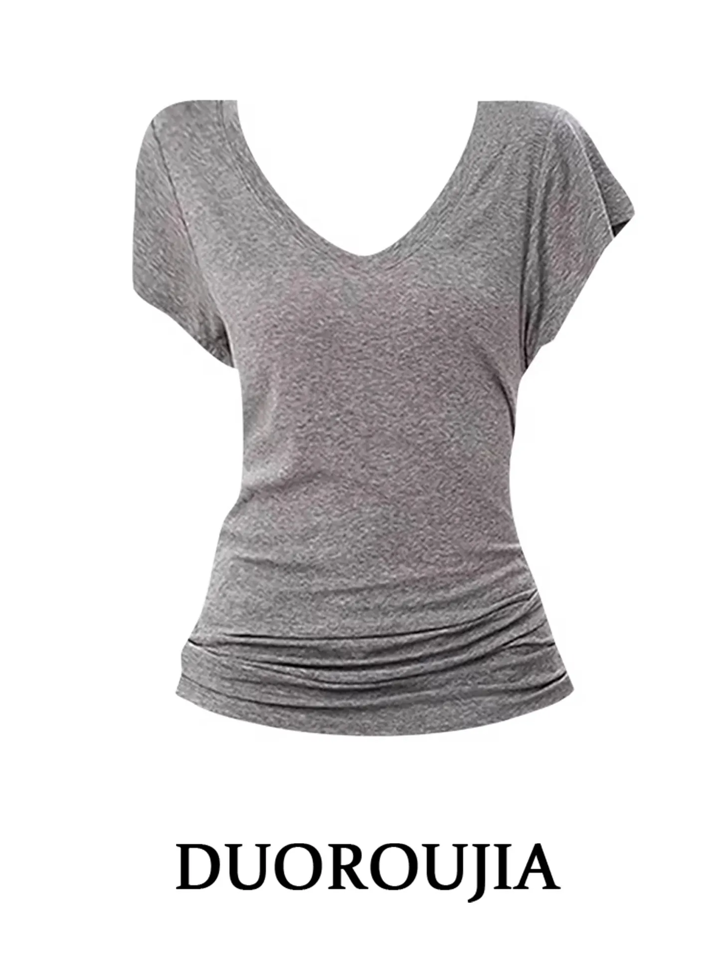 

plus Size American Grey V-Neck Short Sleeve T-Shirt Women Summer Slimming Waist-Cinching Regular Fit Commute Style Top