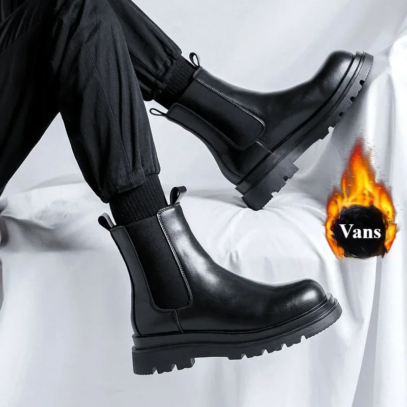 Casual Men's Leather Shoes 2024 Autumn Winter New Boots for Men High Top Slip-on Popular Trendy Motorcycle Boots