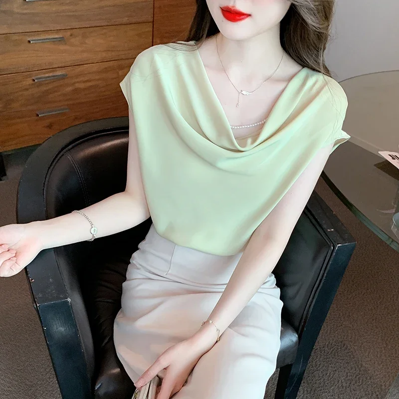 Summer Office Lady Short Sleeve Tops French Style Elegant Pile Collar Blouse Korean Chic Shirt for Women Loose Clothes 26995