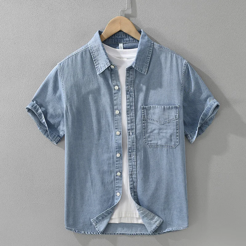 

2025 Summer new Japanese retro denim short sleeved shirt for men, fashionable and versatile, artistic and casual loose top