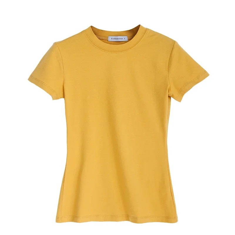Mrmt 2025 marca verão nova camiseta feminina meia gola alta manga curta para feminino algodão apertado cor sólida topos tshirt