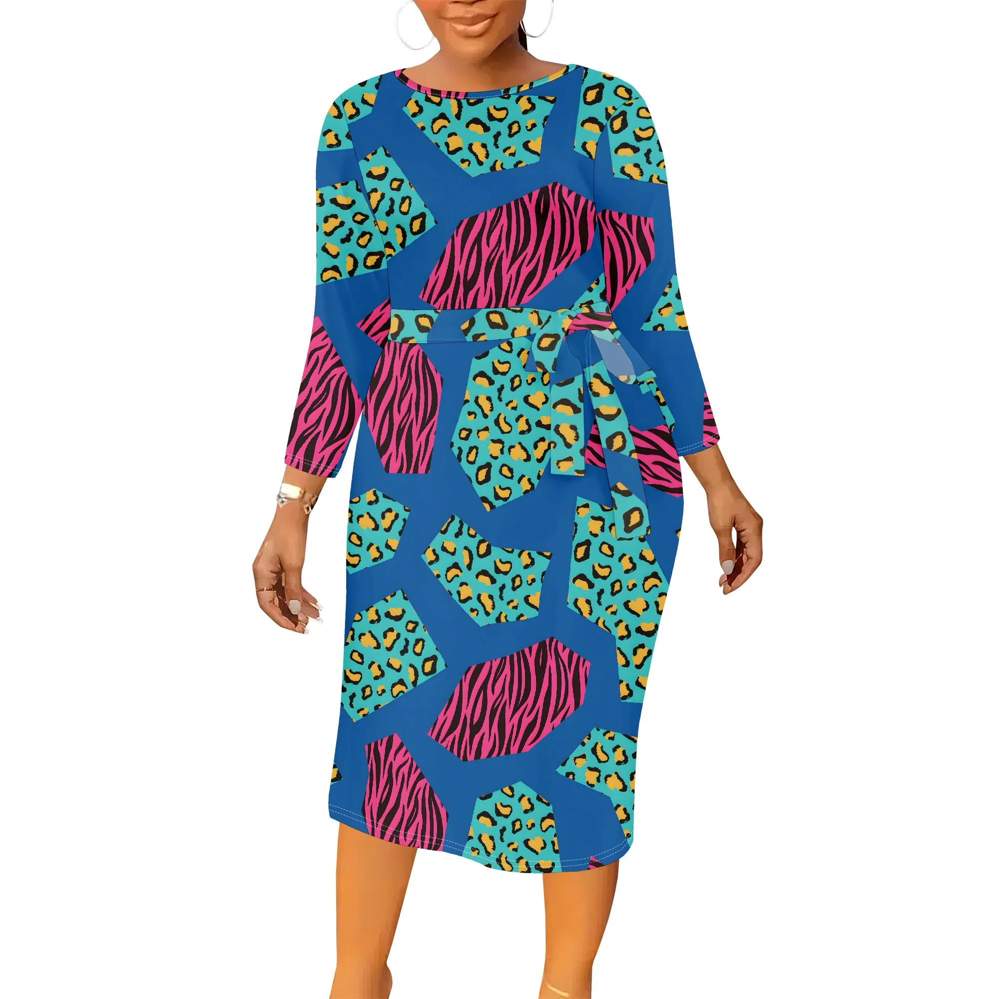 Plus size feminino verão flor impressão outono moda impressa manga comprida tripulação em torno do pescoço vestido causl com cinto
