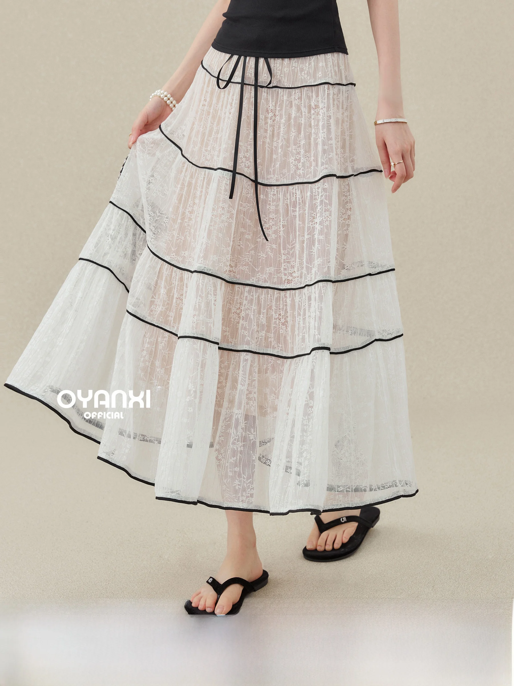 

High Waist A-Line Skirt Lace Splicing Color Block Women's Summer Midi Skirt by Wang Xue Other Fabric Other Process