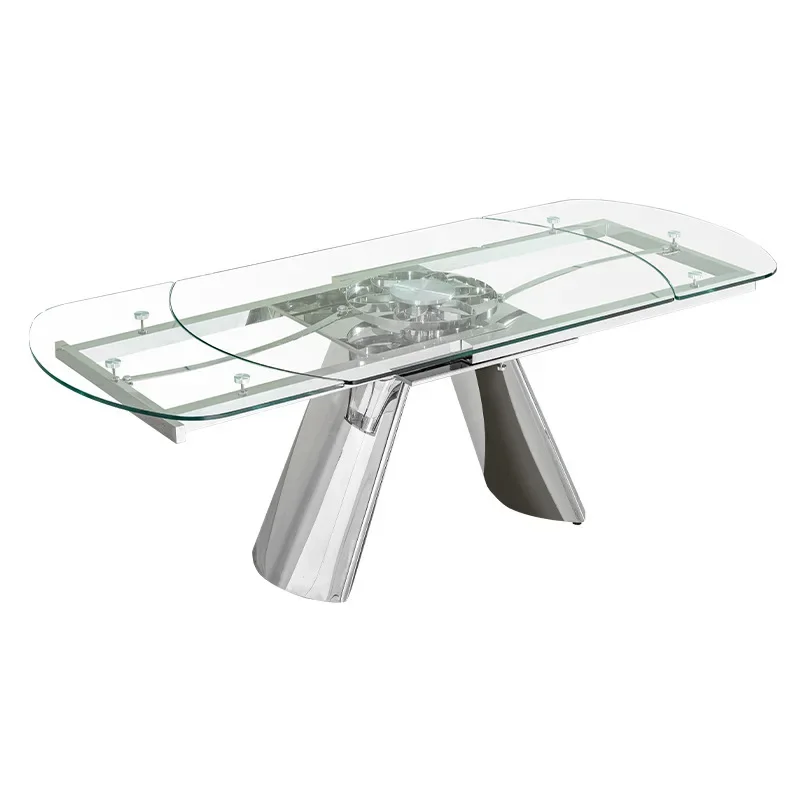 Swivel Telescopic Dining Table Glass Home Rectangular Stainless Steel Luxury Dining Table Chair