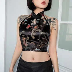 Women Vintage Sexy Halter Neck Crop Top Chinese Style Dragon Embroidery Hollow Out Tank Top Sleeveless Backless Lace-up Vest