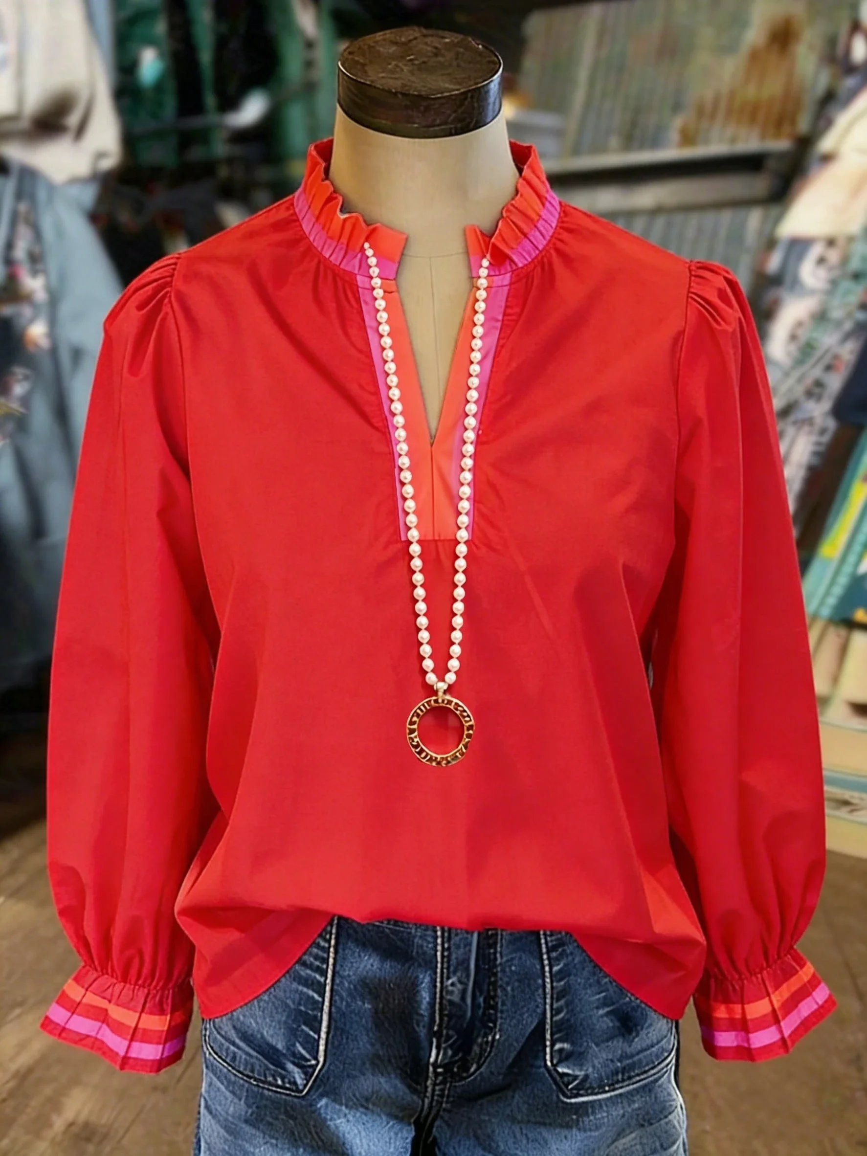 

Women Lightweight Ruffle Puff Sleeve Blouse With Contrasting Placket Solid Color Casual Shirt