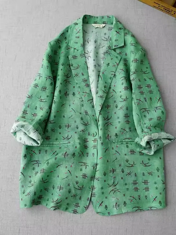 

Высококачественный льняной костюм в стиле ретро с цветочным принтом, женский свободный топ больших размеров для похудения, повседневный хлопковый льняной топ в стиле вестерн