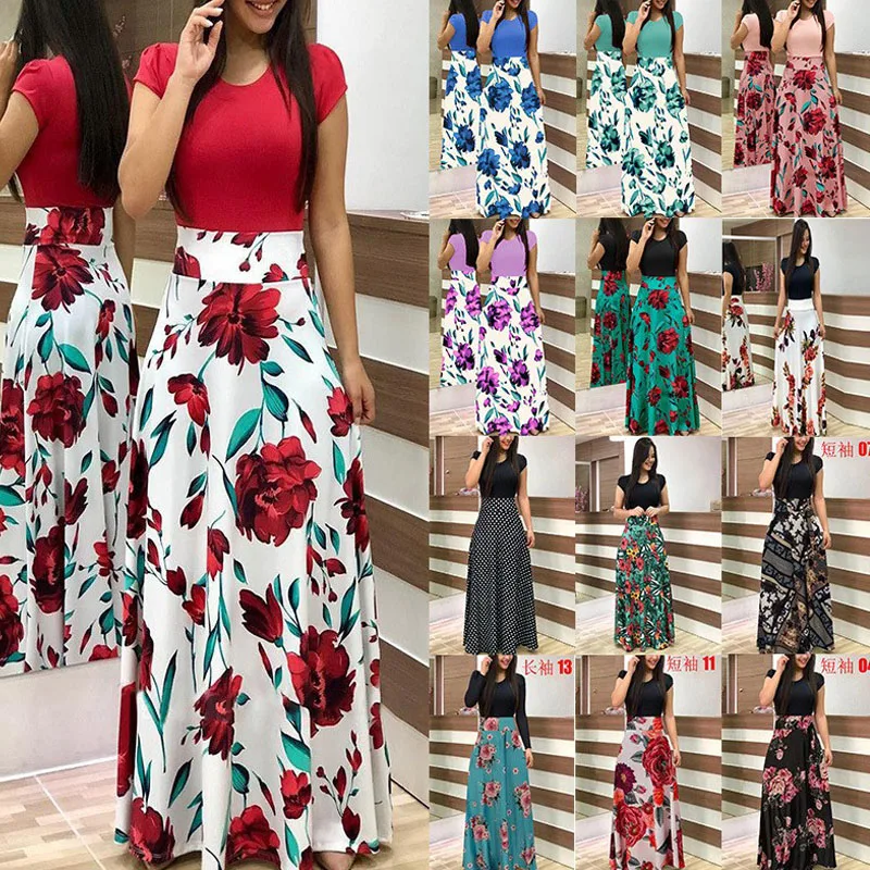 Autumn hot selling European and American flower color matching dresses, long dresses, women's clothing in stock