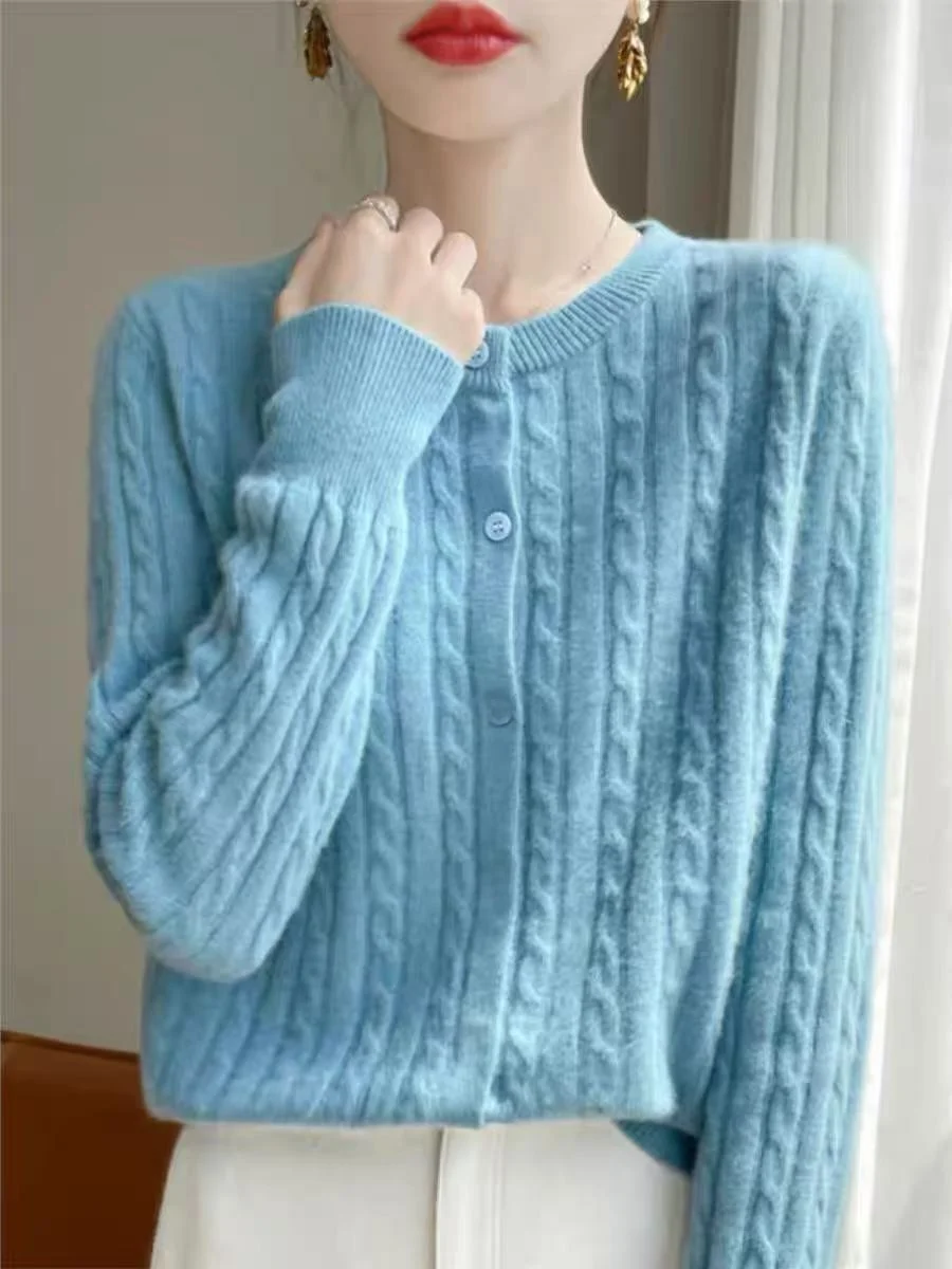 Ay malha bordada redonda Ne Open Cardigan Outerwear botão único primavera outono suéter top simples solto sle longo S...