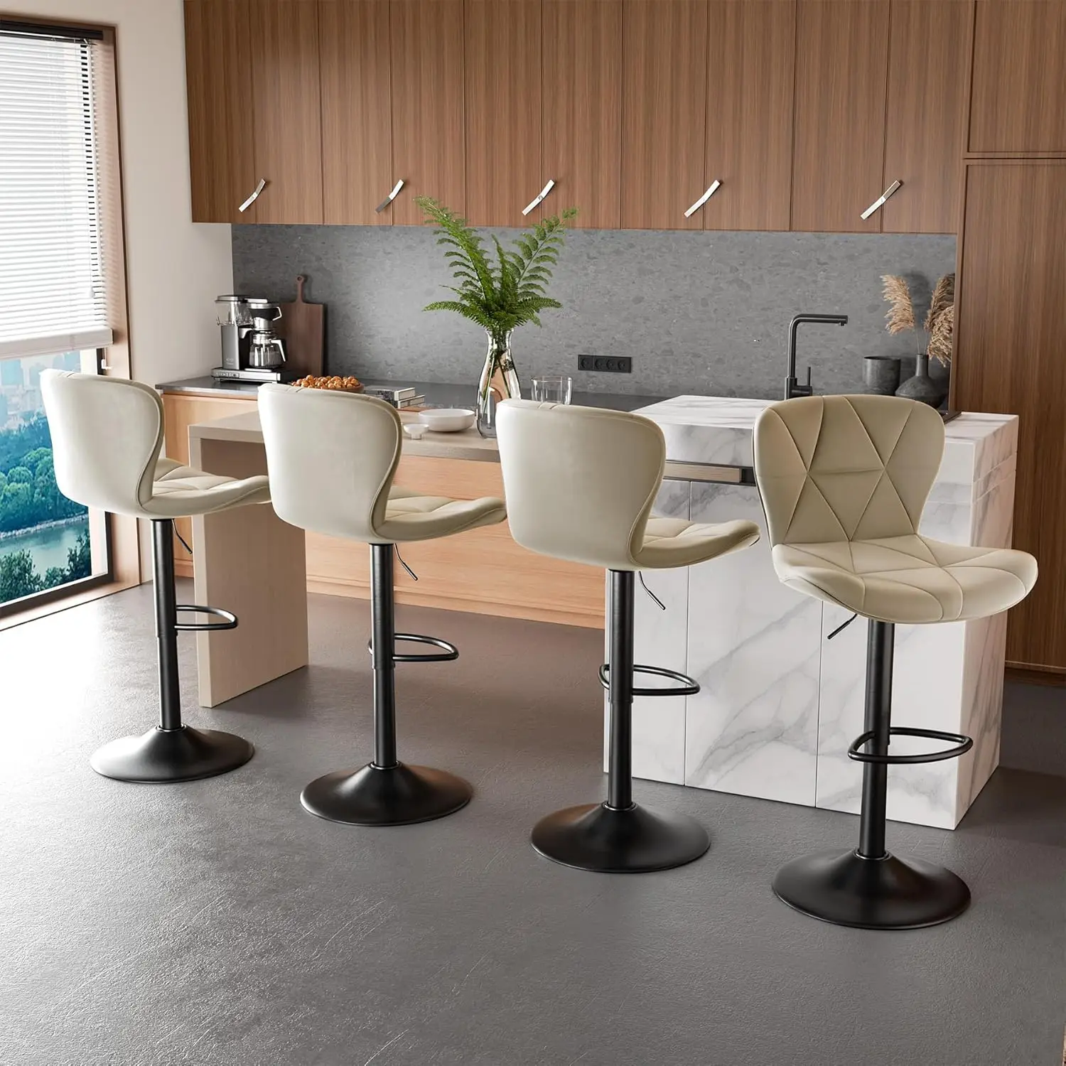 

Modern Bar Stools Set of 4, Adjustable Faux Leather Upholstered Swivel Bar Stools, Counter Height Bar Chairs with Back
