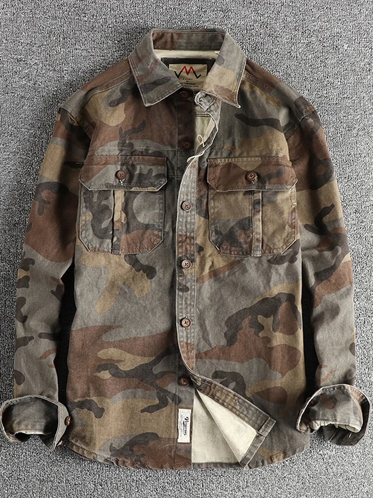 2025 New American Retro Camouflage Shirt Men's Spring Autumn Loose Casual Versatile Shirt Jacket Trendy Brand Cotton Long Sleeve