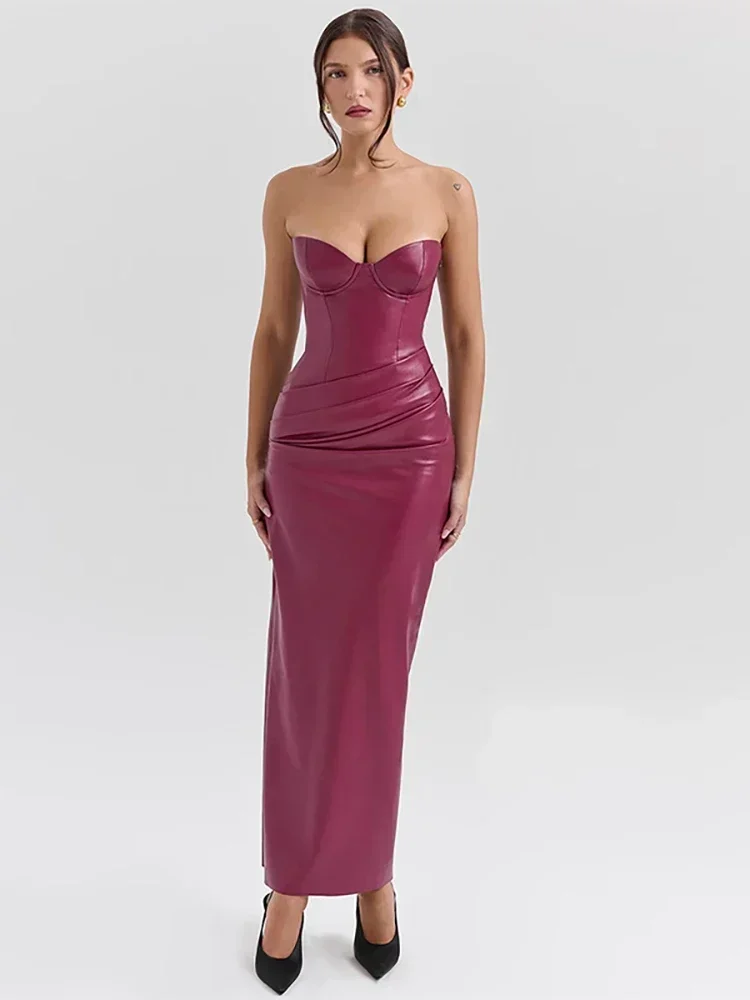 

Sexy Strapless PU Leather Women Maxi Dress Black Off Shoulder Evening Dress Female Autumn Slim Elegant Party Clubwear