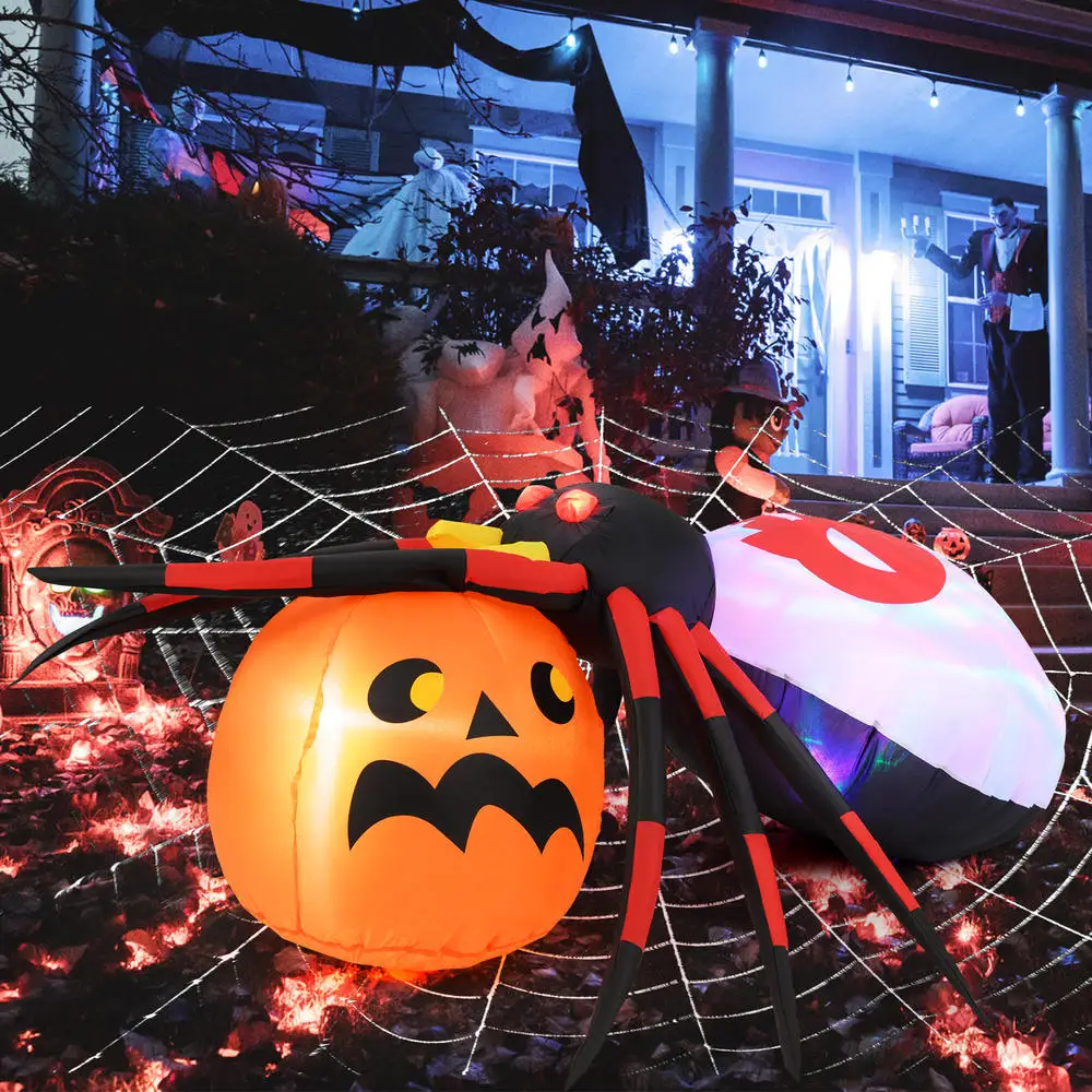 4.9 X 4.6 Feet Inflatable Spider With Pumpkin And Rotating Light