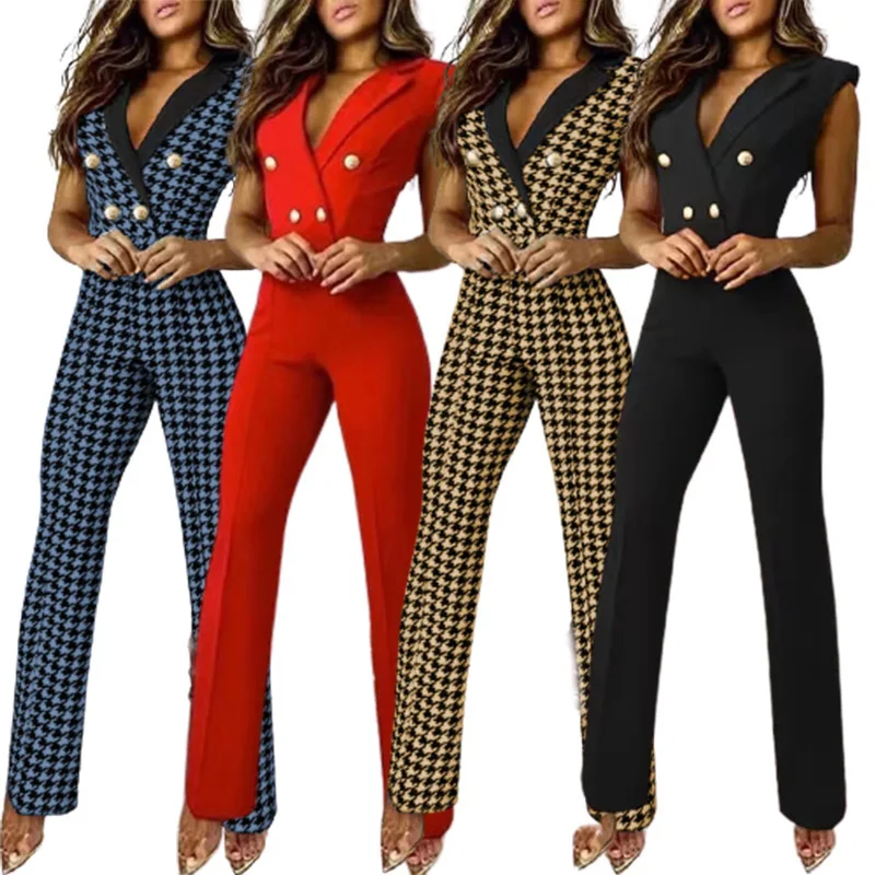 2024 New Elegant Women Plaid Jumpsuit Onepieces Y2K Chic Office Lady Summer Sleeveless V Neck High Waist Button Romper Overalls