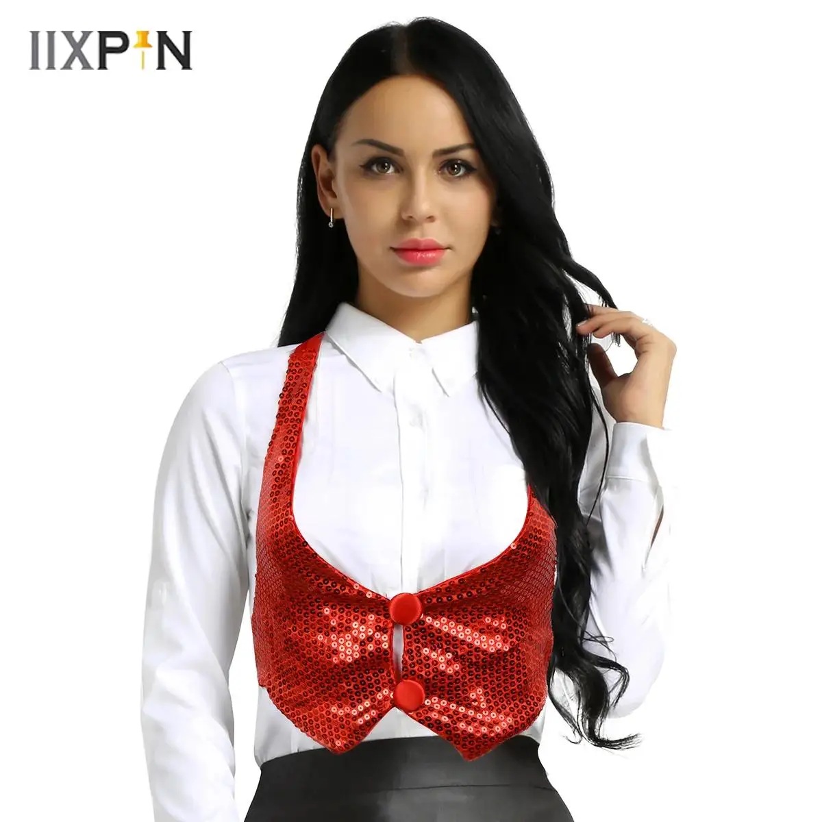 

Women Jazz Dance Tank Top Retro Disco Dance Costume Rave Party Clubwear Shiny Sparky Sequins Backless Halter Neck Vest Waistcoat