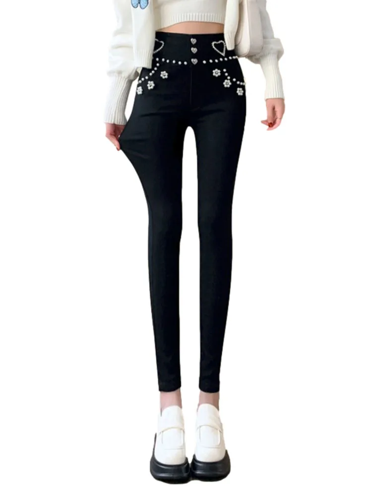 Streetwear Spring Women Luxury Embroidered Flares Pencil Pants Trousers White Black Slim High Waist Girls Single Buttons Pants