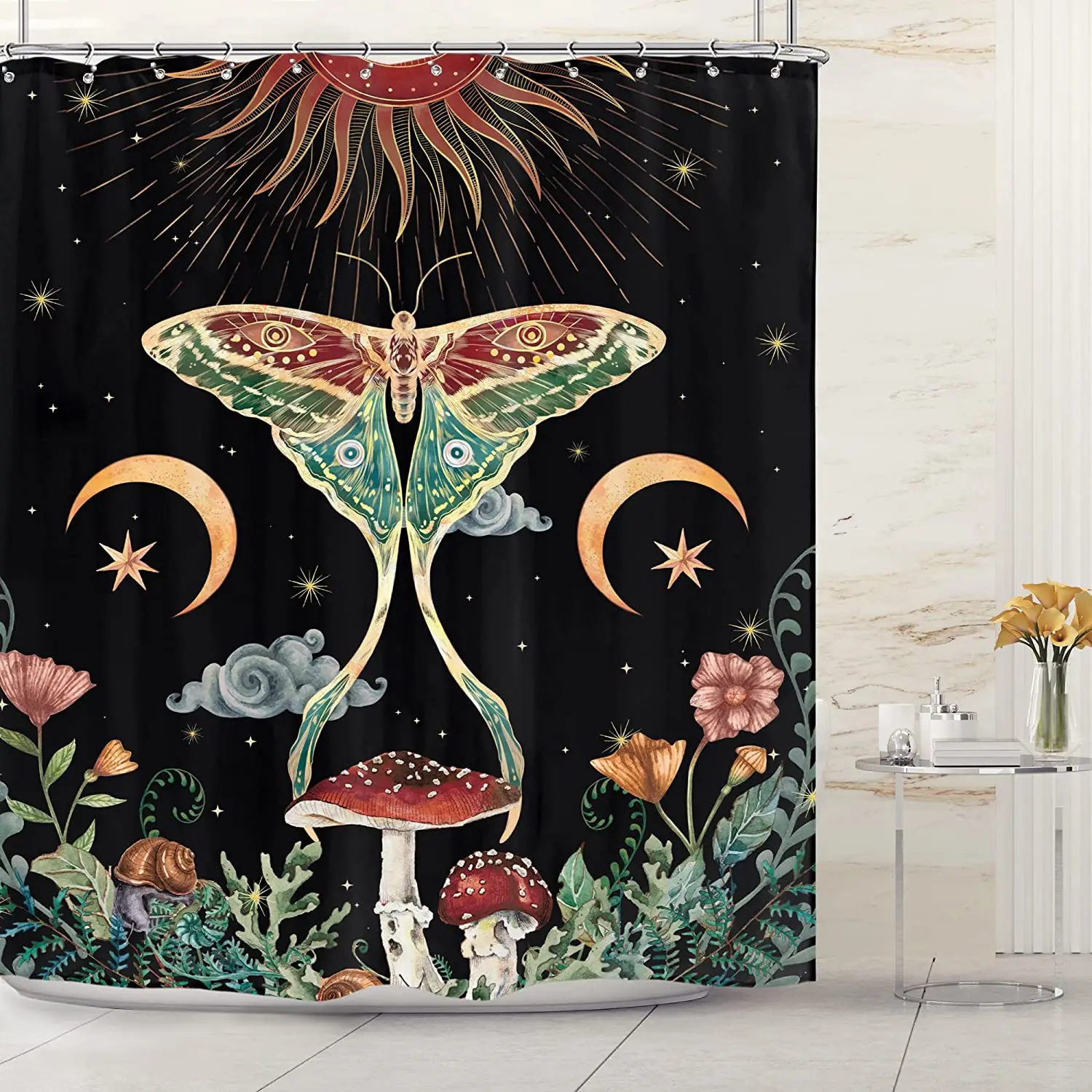 Moth Mushroom Shower Curtain Watercolor Floral Plant Sun Moon Stars Butterfly Flowers Retro Bathroom Decor Fabric with Hooks