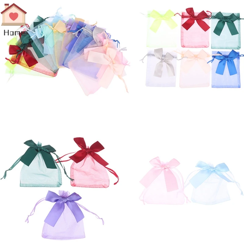 10Pcs Organza Gift Bags Transparent Drawstring Pouch Jewelry Organizer Earring Packaging Party Candy Bag With Ribbon
