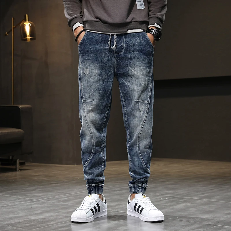 

Street Fashion Men Jeans Retro Washed Blue Stretch Slim Fit Ripped Jeans Spliced Designer Hip Hop Denim Cargo Pants Men Joggers