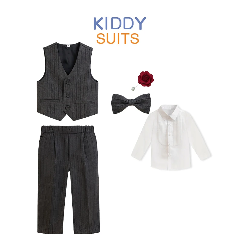 

Spring Autumn Boys 3-Piece Set Long Sleeve Shirt Stripe Vest Suit Pants Fashion Gentleman Wedding Dress Clothing Set
