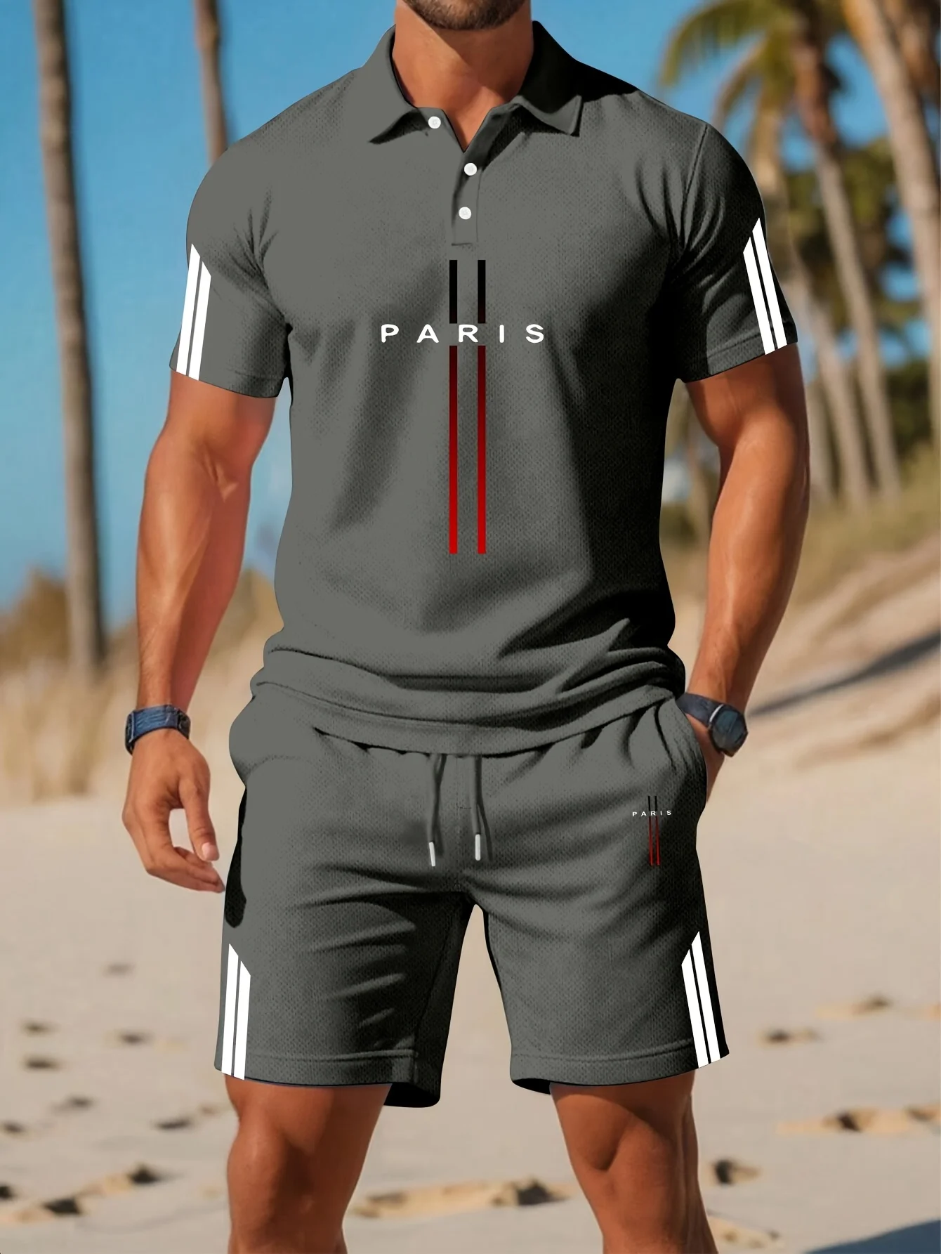 man 2 piece set Summer Paris suit men button polo shirt set Leisure men's suit fashion men clothing ventilate man matching sets - Image 3