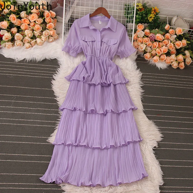 Vintage Woman Dress 2024 Vestidos De Mujer Short Sleeve Tunic Slim Waist Pleated Maxi Dresses Chic Summer Temperament Robe Femme