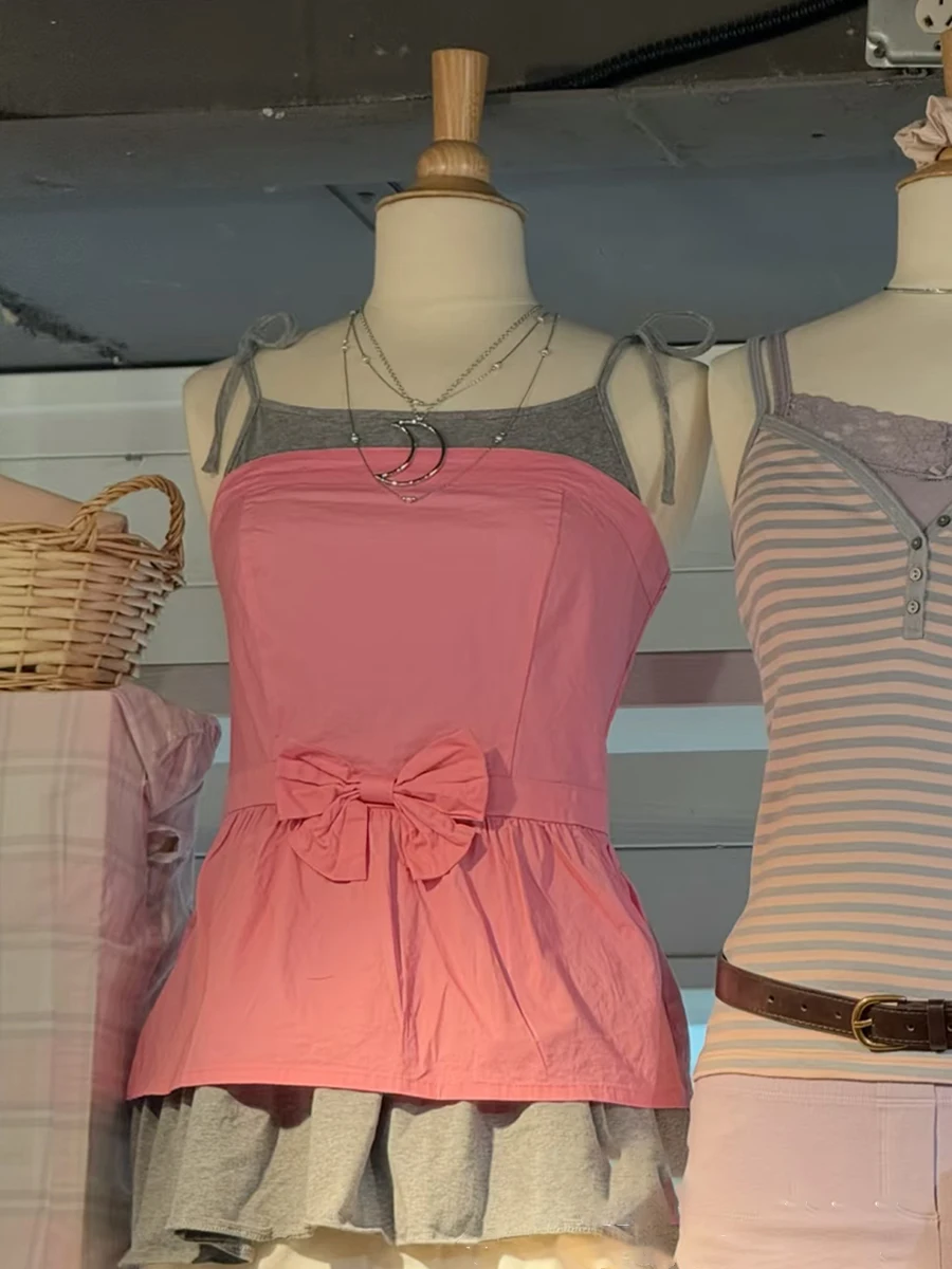 Cute Bow Pink Tube Top Woman Summer Back Elastic Band Cotton Strapless Camis Sweet Solid Evenning Party Slim New Tank Tops Y2k