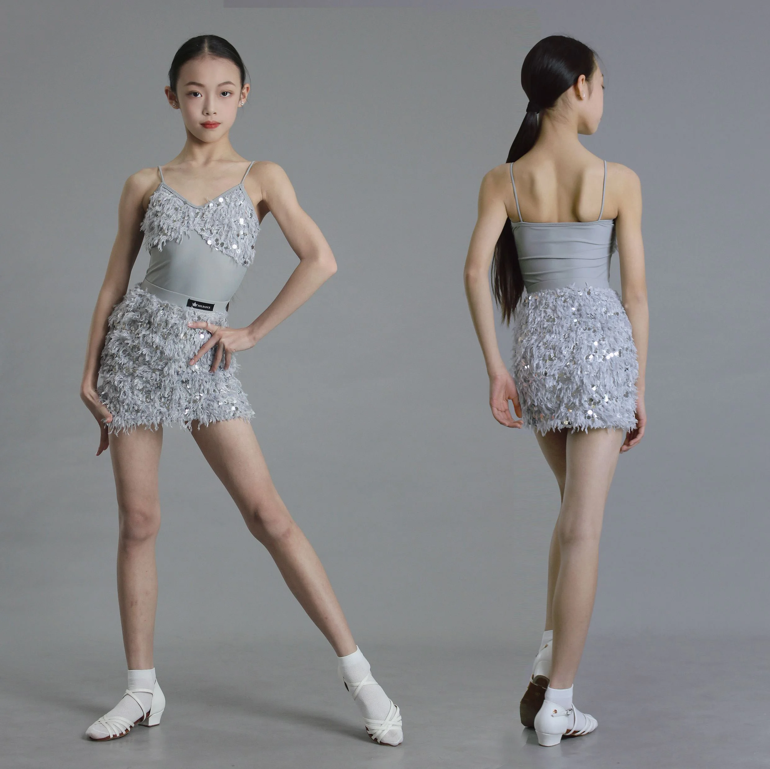 

Sequin Feather Latin Dance Dress Girls Competition Clothing Gray Suspender Dress Performance Costume Kids Latin Dress DNV23756