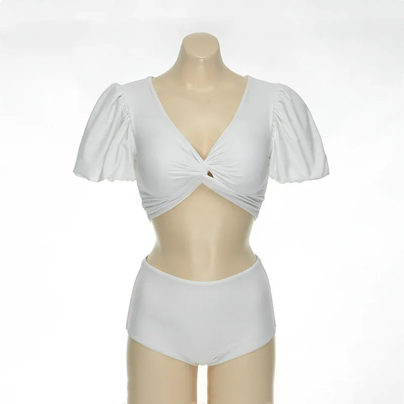 Novo sexy branco cintura alta biquinis manga curta maiô feminino banho beach wear natação fatos de banho coreano conjunto biquíni piscina 2024