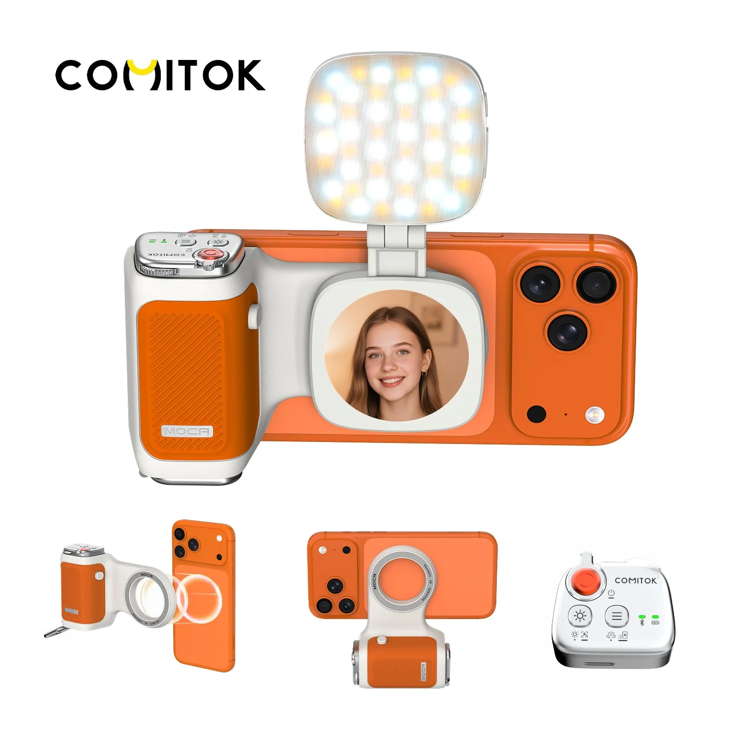 COMITOK MOCA iPhone Camera Assistant,1Click Lens Flip Shutter Grip/Detachable Charging Remote Control+Optional Fill Light/Mirror