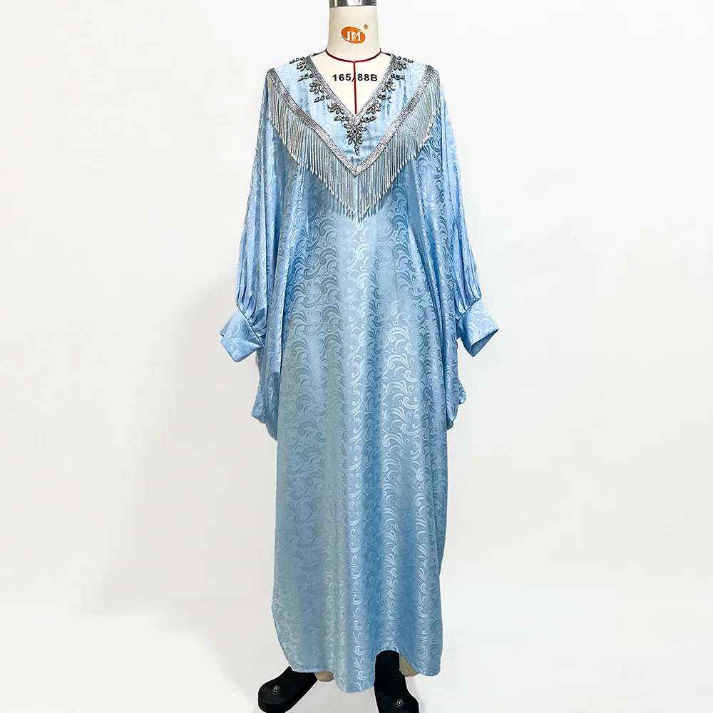 Hand Sew Rhinestone Beaded Tassel Batwing Sleeve Robe Light Blue Ethnic Print Oversized Dubai Moroccan Kaftan Arabic Clothes Eid