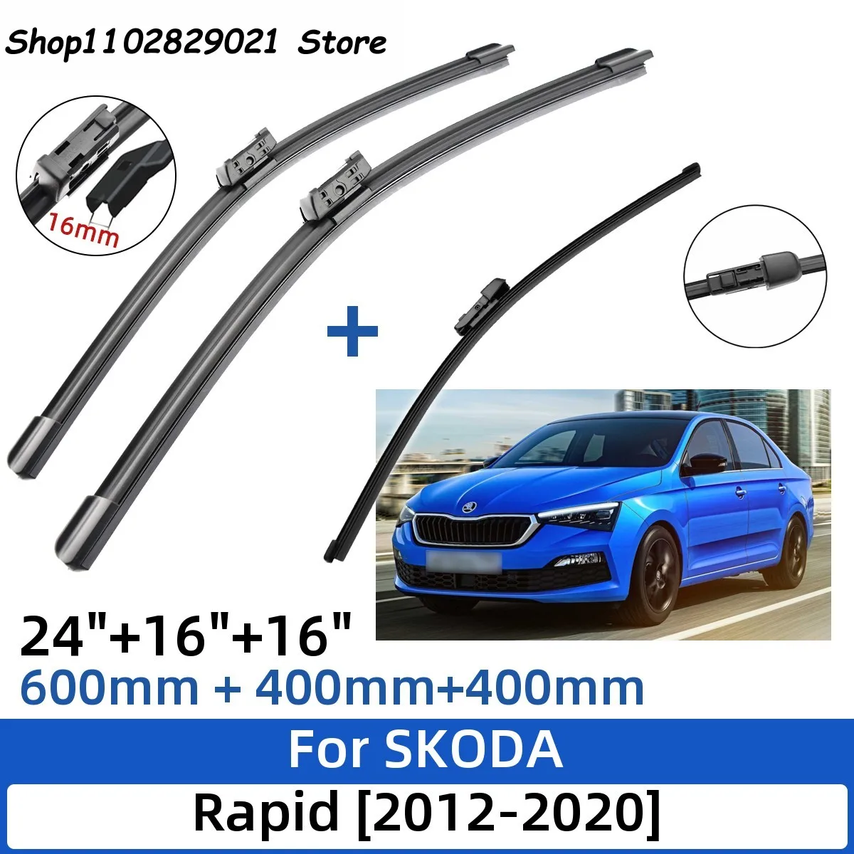 

3PCS For SKODA Rapid 2012-2020 24"+16"+16" Front Rear Wiper Blades Windshield Windscreen Window Cutter Accessories 2019 2020