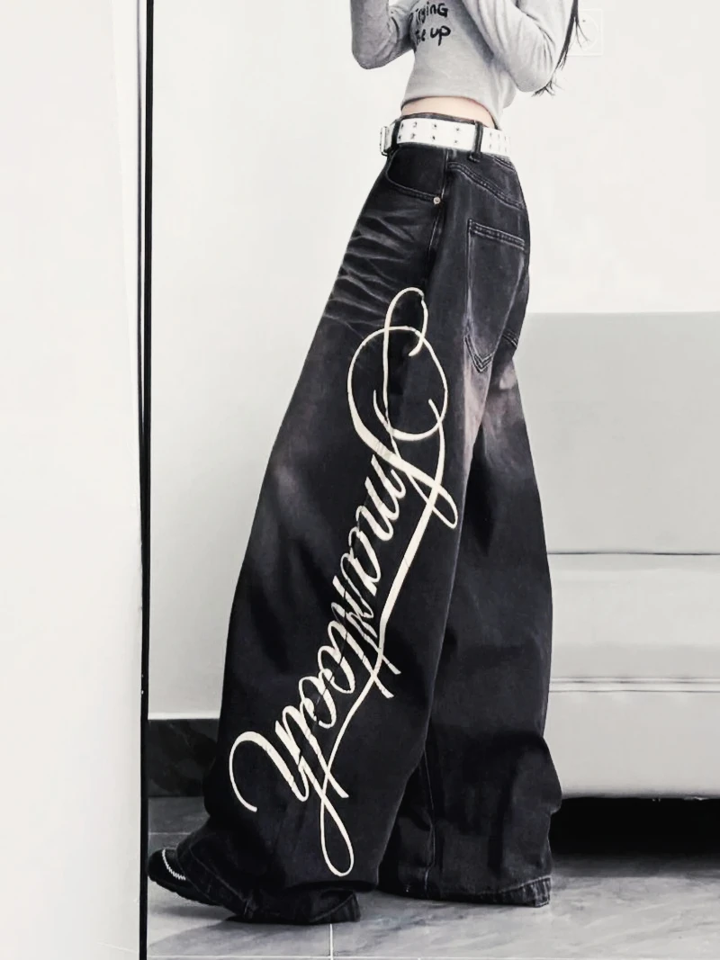 

2025 High Street Harajuku Ретро с буквенным принтом, потертые джинсы, женские модные брендовые уличные брюки Y2K, повседневные широкие брюки с высокой талией