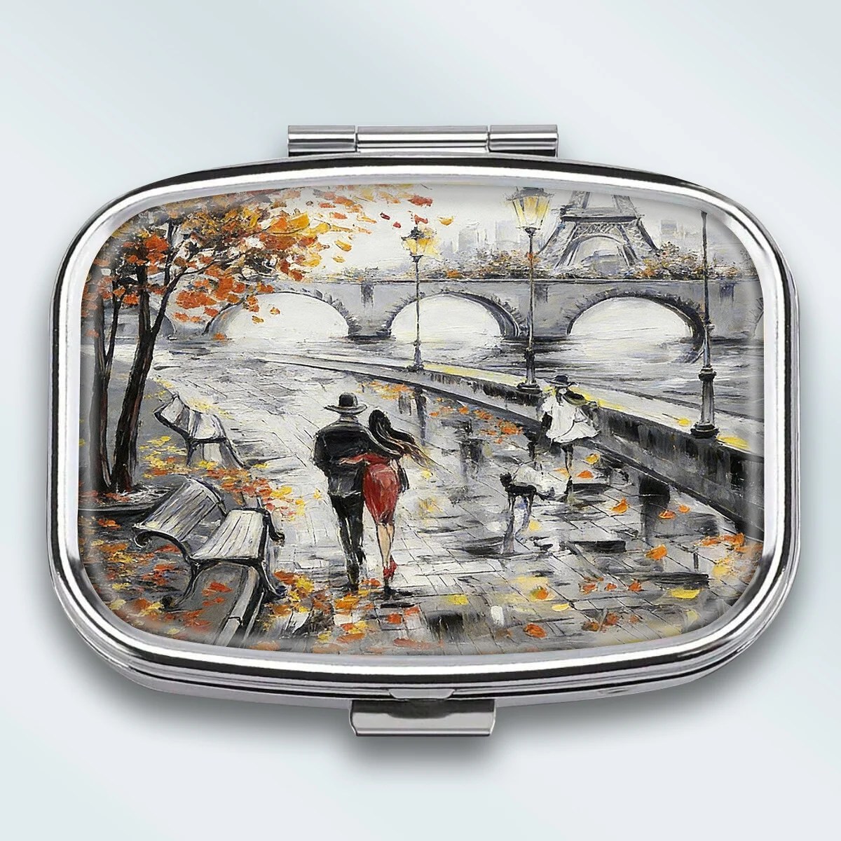 1 Piece - Portable Square Metal Pill Box, Featuring an Oil Painting Style Depicting a Couple Walking in Paris on a Autumn Day, with 2 Compartments, Perfect for Storing Medicines or Health Supplements, Suitable for Contact-Type Dolls.