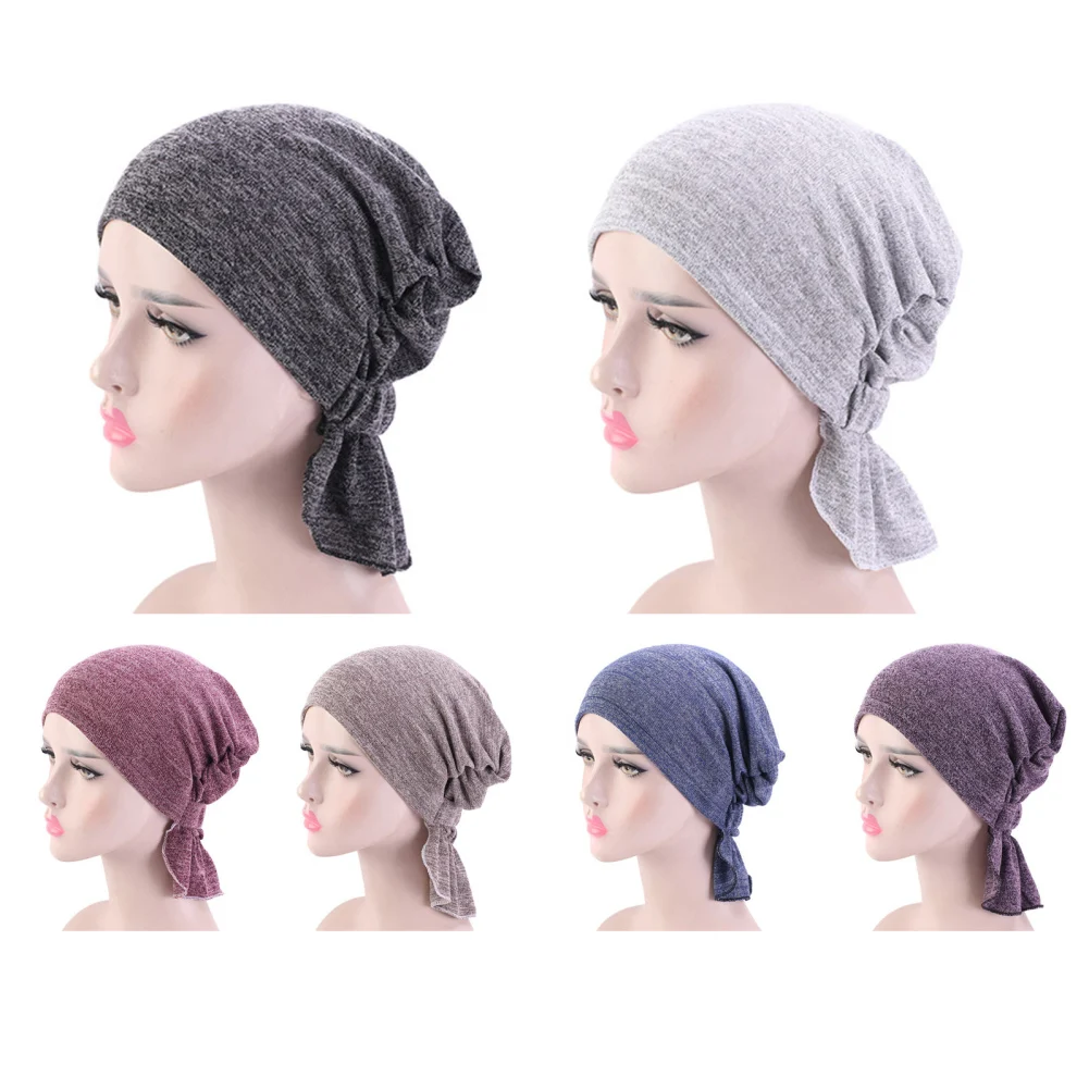 

Women Turban Hat Elastic Solid Color Muslim Headwraps Summer Pre-Cross Chemo Covers Caps Windproof Beanies