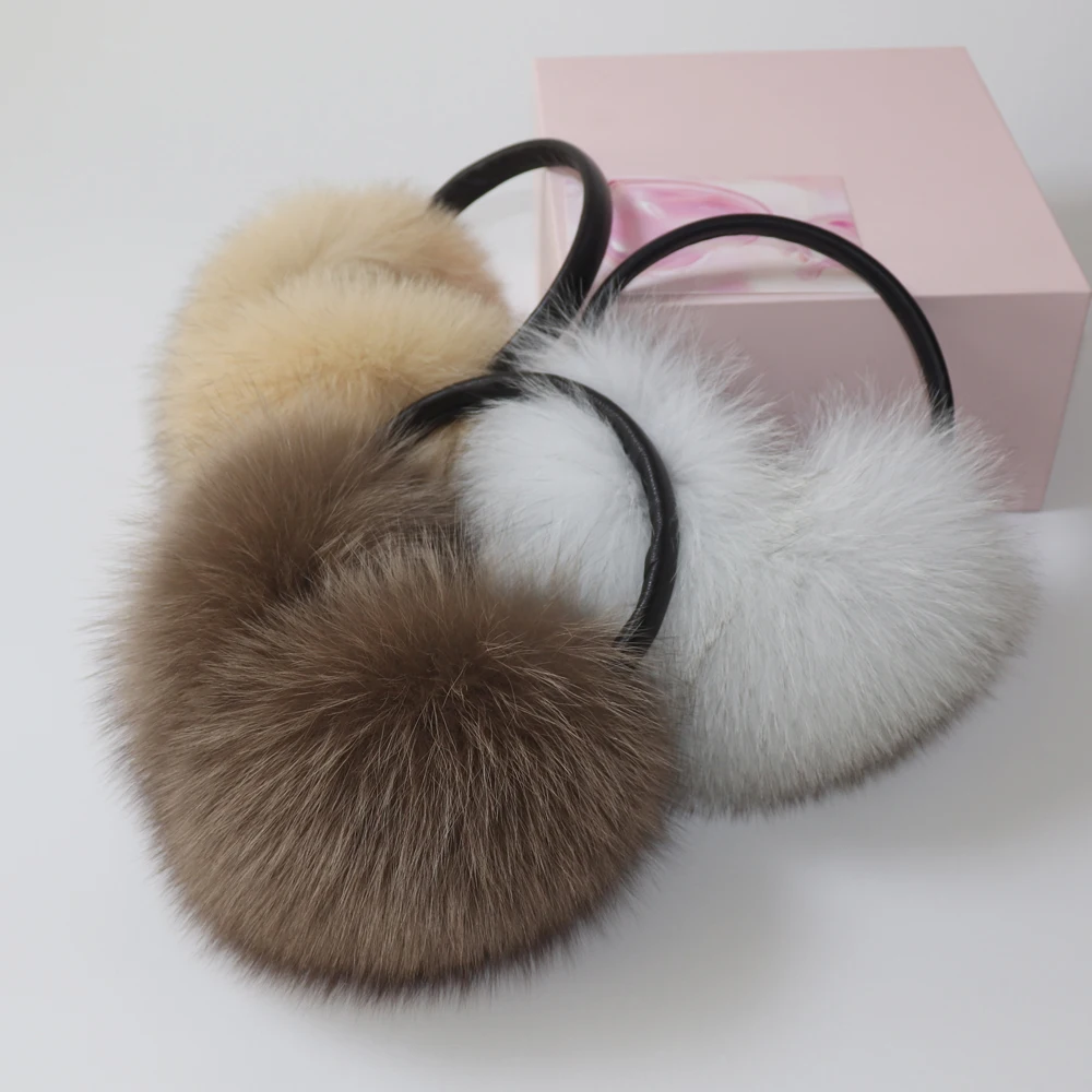 New Winter Women Luxury Real Fox Fur Earmuffs Natural Warm Fox Fur Earmuff Cute Oversized Fluffy Genuine Fox Fur Earmuffs