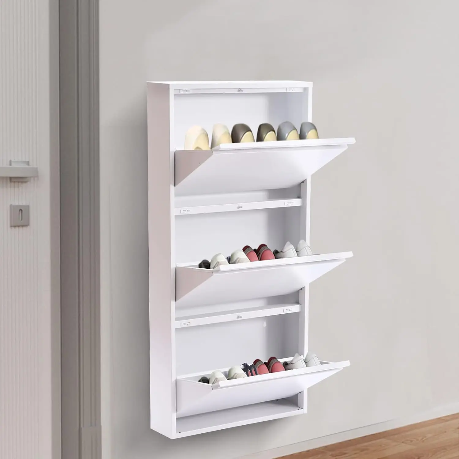 Ultra-Thin Metal Shoe Cabinet 3-Drawer Tipping Organizer For Entryway Hallway Heels Slippers 19.88*4.8*40.67in, Customized